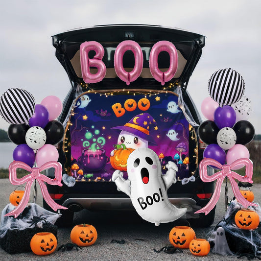 yeewaka Halloween Trunk or Treat Car Decorations Kit with BOO Letter Bow Ghost Balloons String Lights Background Cloth Cute Ghost Trunk or Treat for SUV Car Archway Garage Halloween Party Supplies