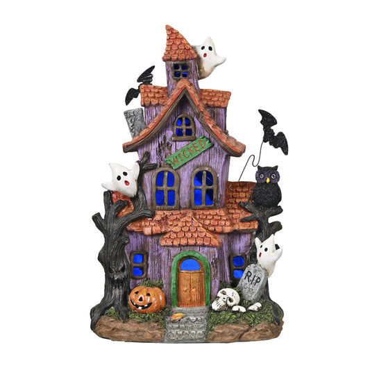 Valery Madelyn Haunted House Figurine with Bat Ghost Pumpkin for Halloween Decorations, Large Pre-Lit Lighted Resin Village Statue with LED Lights for Indoor or Outdoor Party Table Decor, 9 inch