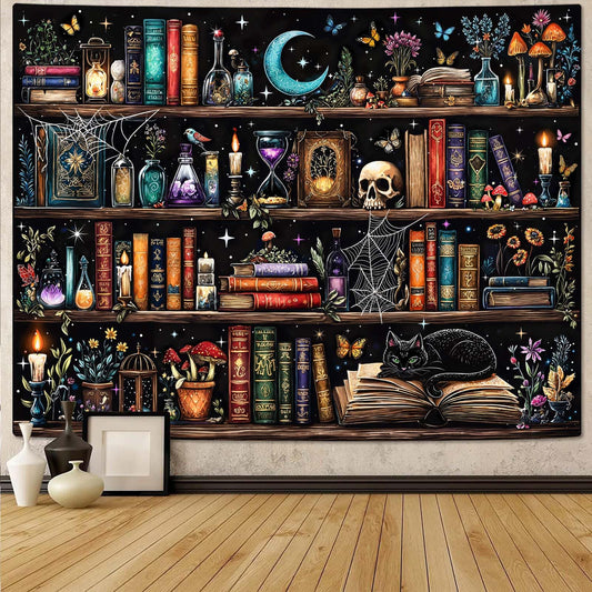 Motanber Witchy Bookshelf Tapestry Magic Gothic Witch Library Tapestries Wall Hanging Vintage Mushroom Skull Black Cat Dark Academia Book Large Tapestry for Bedroom Living Room Dorm 80 x 60 inch
