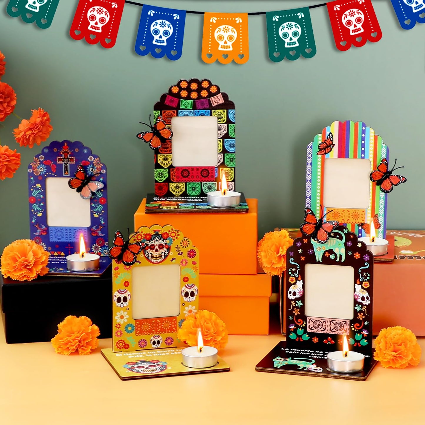 Dia De Los Muertos Decorations Picture Frames, Day of the Dead Altar with Candle, Marigold, Artificial Monarch Butterfly, Dia De Los Muertos Altar Kit Mini Sugar Skull Style Ofrenda Decorations