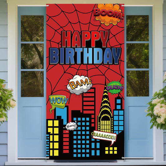Red Spider Web Door Banner, 6x3ft Superhero Party Decoration Door Cover for Boys Birthday, Kids Party Supplies, Photography Photo Background