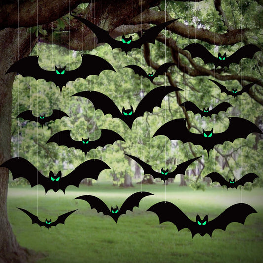 24pcs Halloween Hanging Bats Decorations Outdoor, Halloween Bats Outdoor Decor, 4 Different Sizes with Glowing Eyes for Outside Tree Yard Porch Party Decor