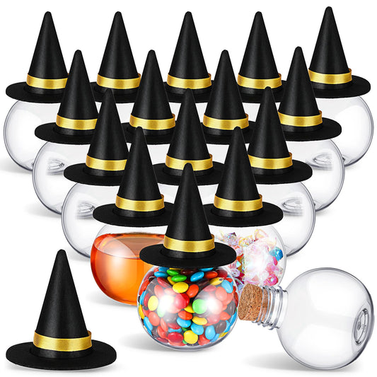 Baderke 12 Pcs 13.5 oz Spherical Plastic Potion Bottles with Hat Ball Shape Round Bottles for Drink Candy Jar Halloween Table Decoration DIY Crafts Gifts(Black)