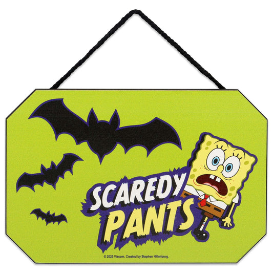 SpongeBob SquarePants Scaredy Pants Hanging Wood Wall Decor - Funny Halloween SpongeBob Decor for Home