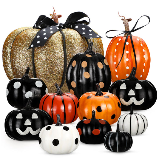 Yalikop 12 Pcs Halloween Artificial Foam Pumpkins Assorted Sizes Decorative Pumpkins Halloween Decorations for Table Tabletop Fireplace Mantel Tiered Tray Desk Home Decorations