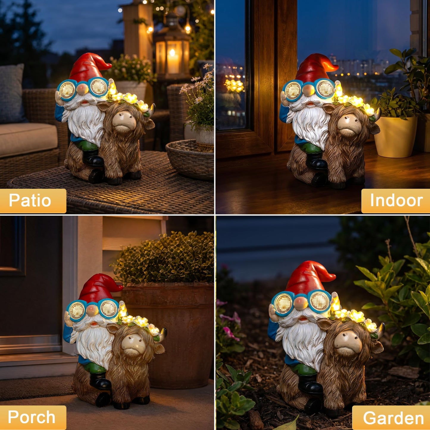 C&Y&G&X Solar Garden Gnome Statue with Highland Cow, Outdoor Solar Garden Decor with LED Lights, Waterproof Resin Yard Art Lawn Ornament for Patio Yard Porch, Gifts for Women Garden Lovers