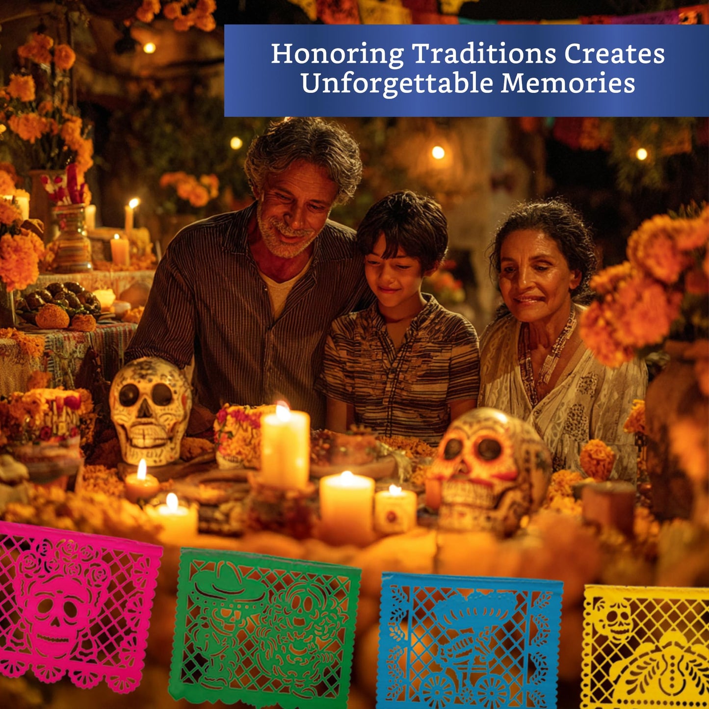 Mexican Party Banners (5 Pack - 10 Plastic Flag Designs per Banner) - Papel Picado Dia de Los Muertos Decorations for Altar - Day of the Dead Banners - Day of Dead Decor