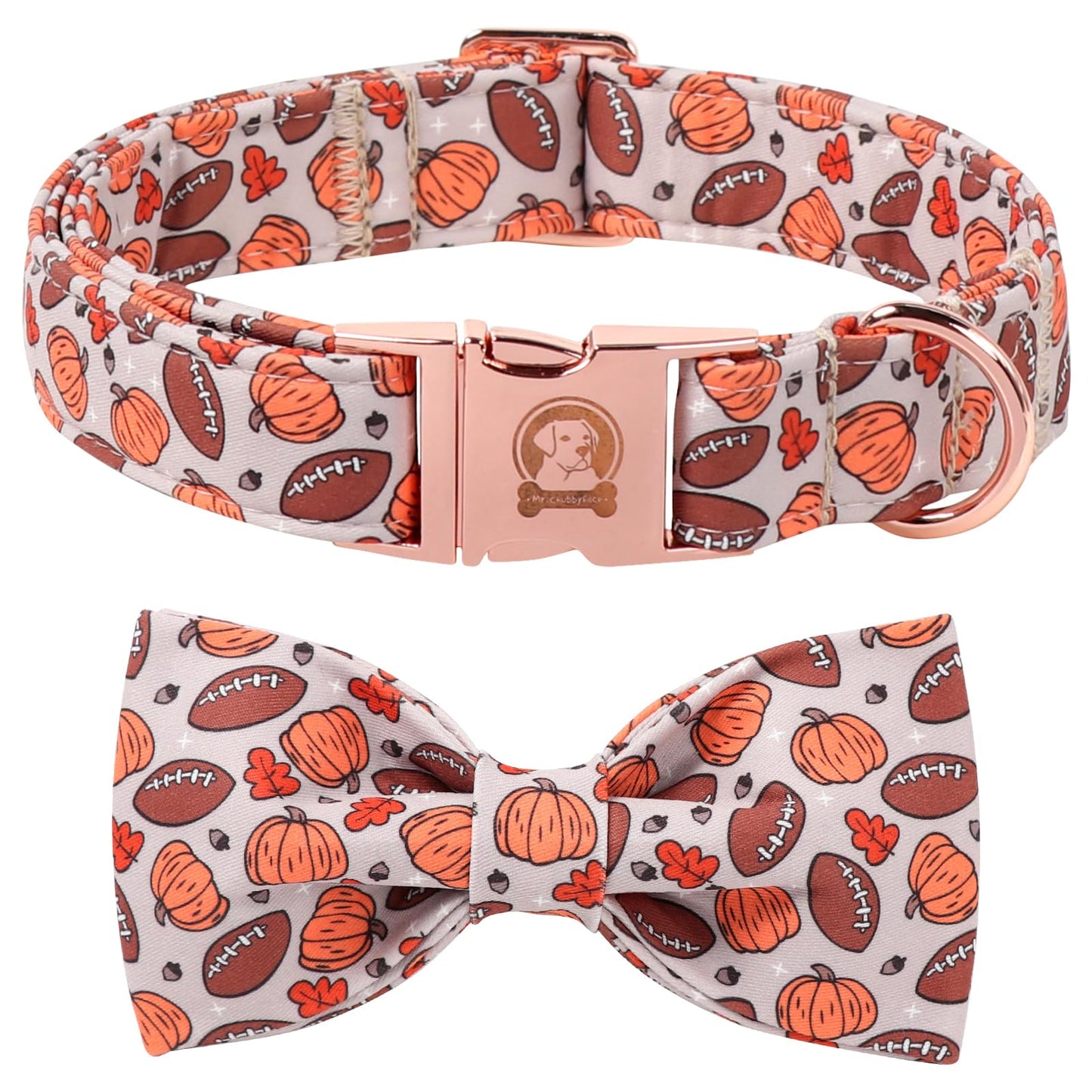MR.CHUBBYFACE Halloween Dog Collar, Cute Halloween Pumpkin Football Fall Puppy Collar with Bowtie, Adjustable Cotton Pet Collar with Metal Buckle for Small Medium Large Dog