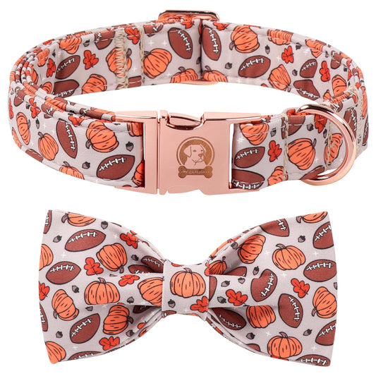 MR.CHUBBYFACE Halloween Dog Collar, Cute Halloween Pumpkin Football Fall Puppy Collar with Bowtie, Adjustable Cotton Pet Collar with Metal Buckle for Small Medium Large Dog