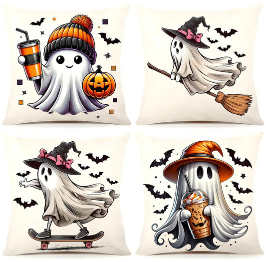 Fall Halloween Thanksgiving Pillow Covers 18x18 Set of 4, Faux Linen Polyester Decorative Throw Pillow Cases for Harvest Home Sofa Couch Bed Decor (CuteGhost)