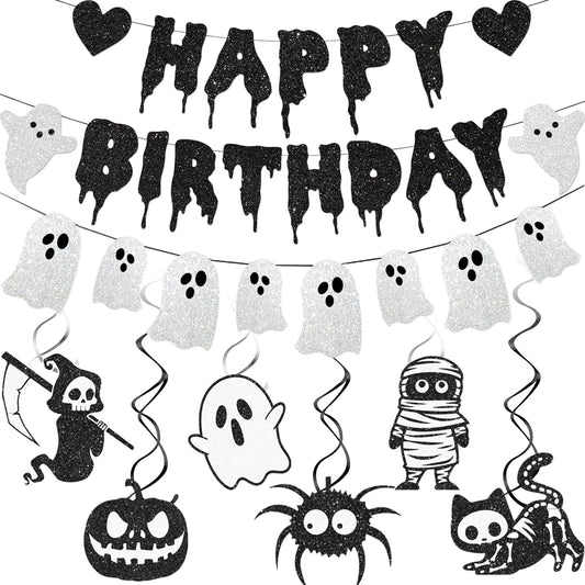 Black Glitter Halloween Birthday Banner White Ghost Garland Halloween Birthdays Party Decorations for Spooky Birthday Decorations Supplies