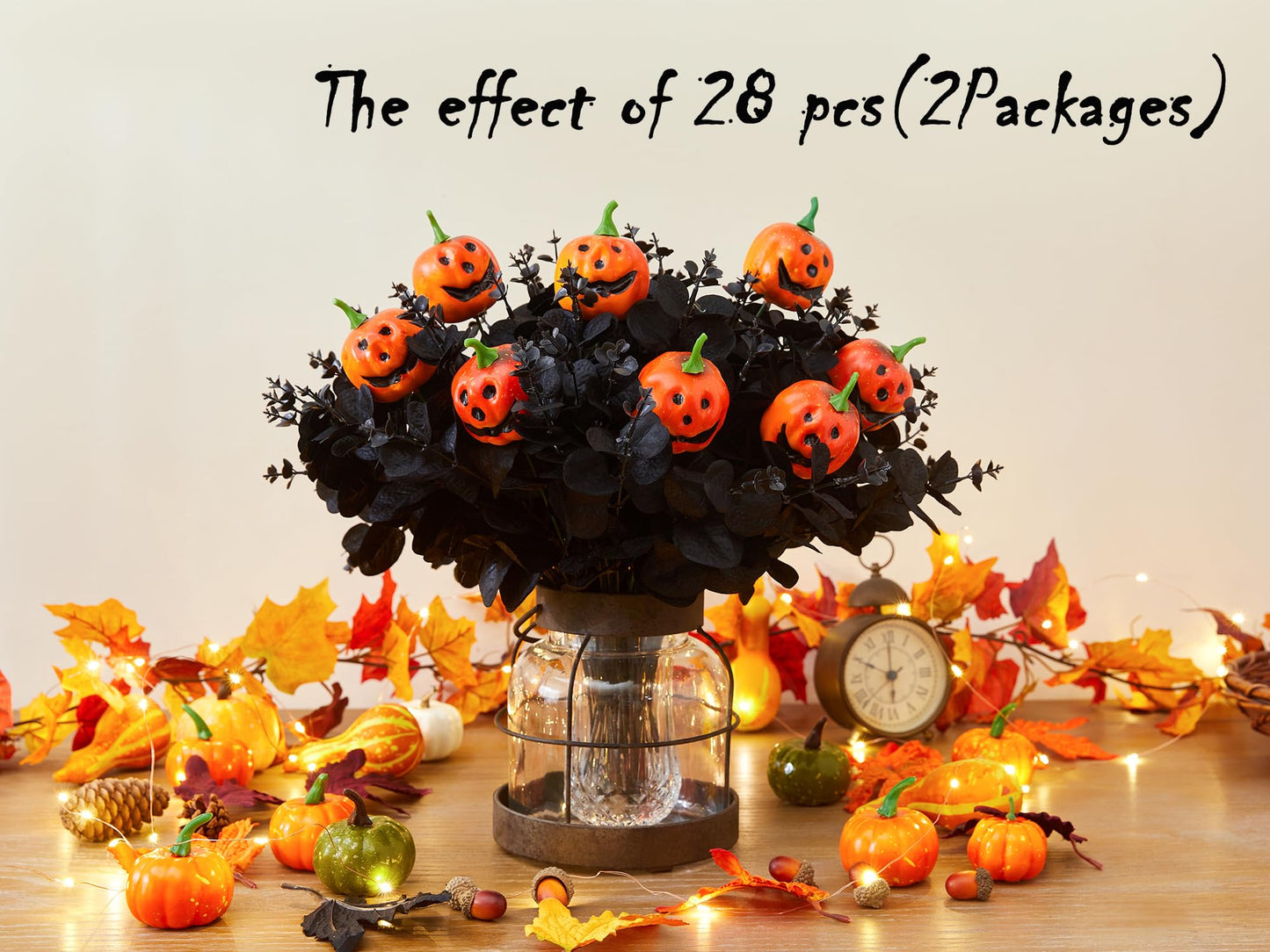 SITUMEIZI 14PCS Black Halloween Flowers Pumpkin Decorations Indoor Black Artificial Flower Fake Eucalyptus Branches Stems Halloween Table Centerpieces Decor