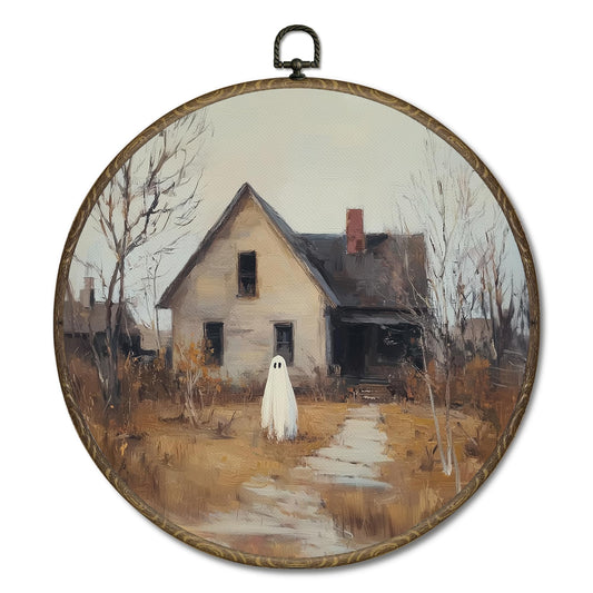 OINDADE Ghost Fall Round Wall Art Decor, Vintage Cottagecore Ghost Wall Art Hanging Decor, Fall Halloween WallArt, Rustic Farmhouse Country Autumn Framed Canvas Artwork for Home Room, 10x10in