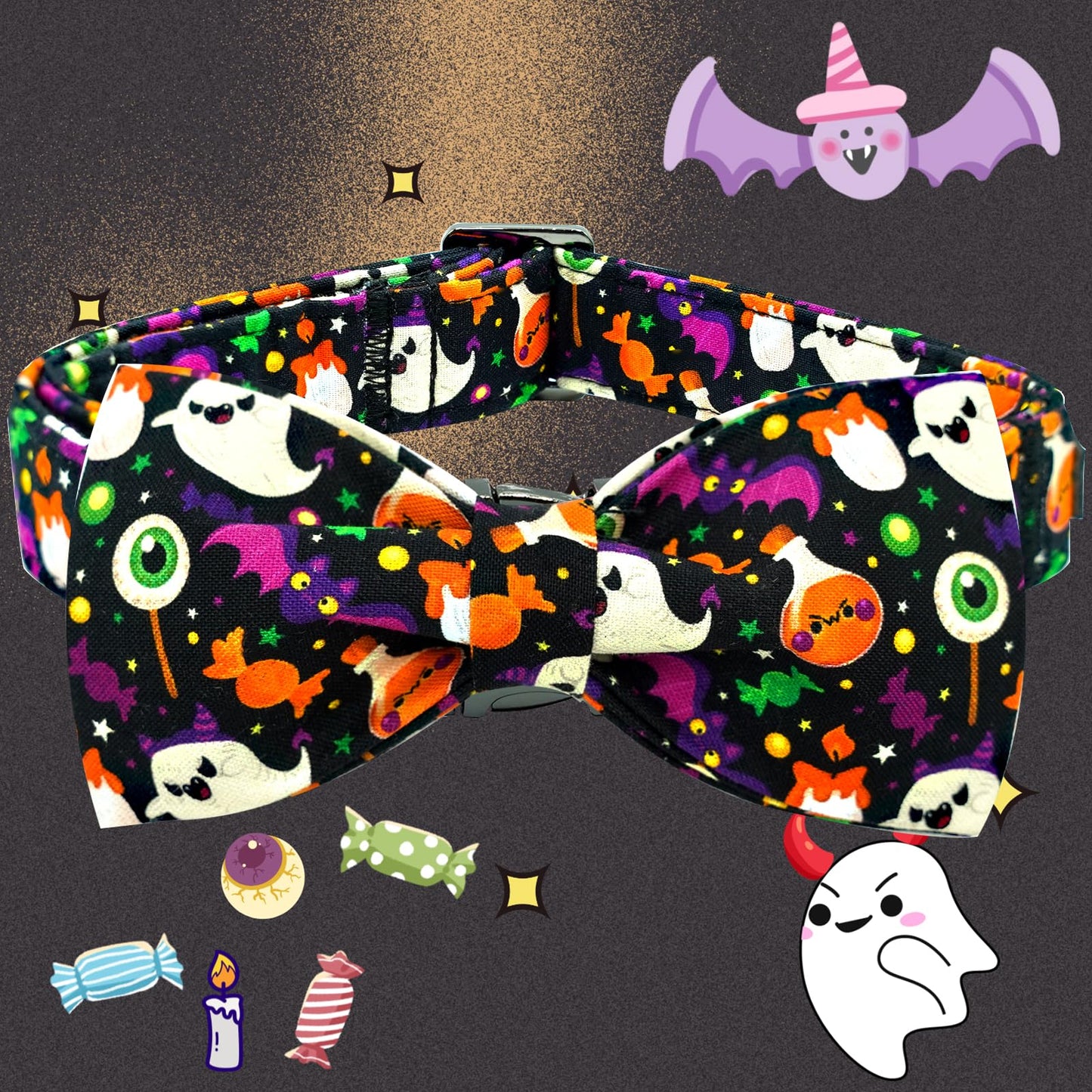 Elegant little tail Fall Dog Collar, Halloween Dog Collar Ghosts Pet Collars with Bowtie Metal Buckle Cotton Puppy Girls Boys Adjustable Pet Collars for Large Dogs
