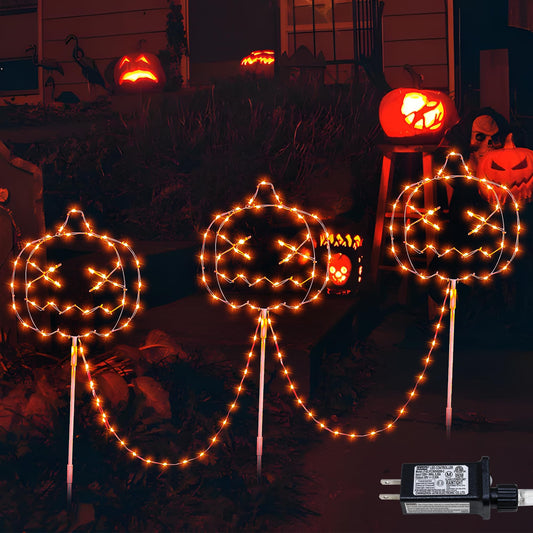 Qunlight Halloween Walkway Lights,163LED Outdoor Pumpkin Decorations Light Plug in,Timer 8 Modes Garden Stake String Lights for Pathway,Fence,Patio,Yard,Party,Halloween Decor-Orange