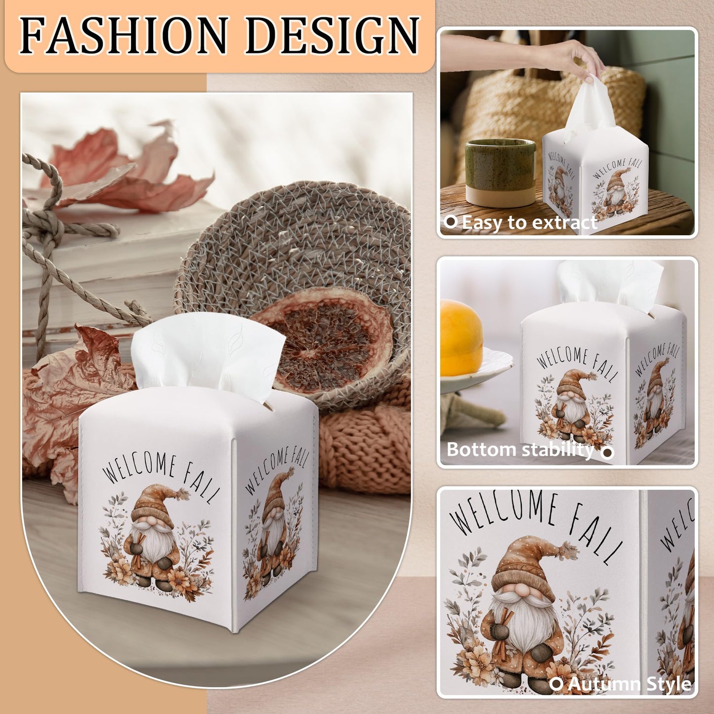 Welcome Fall Leather Tissue Box Cover, Gnome Floral Printed Tissue Box Cover, Aesthetic Decor Tabletop Living Room Vanity Office Farmhouse, Thanksgiving & Housewarming Gift for Women, Minimalist-B23