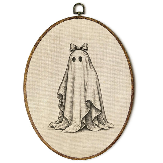 EGVQK Halloween Ghost Bow Oval Wall Art Decor, Whimsigoth Gothic Ghost Framed Canvas Prints Wall Art, Vintage Dark Academia Oval Canvas Hanging Decor for Girls Halloween Decorations Indoor, 8.5x11.5in