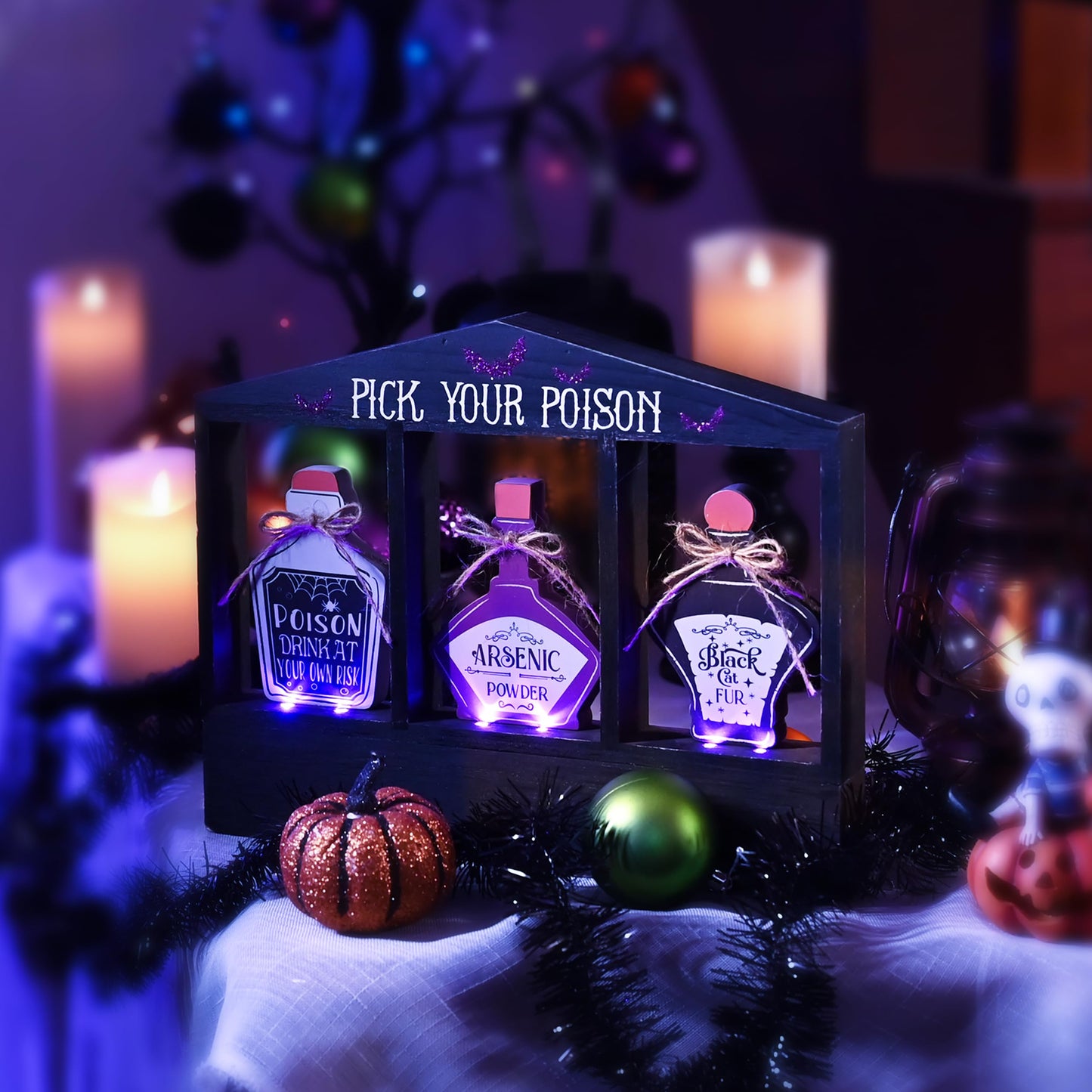 Valery Madelyn Halloween Decorations Indoor with Purple LED Lights, Lighted Spooky Halloween Decor Pick Your Poison Rusitc Farmhouse Tabletop Sign, Witch Decorations for Home Party Office, 12 Inch