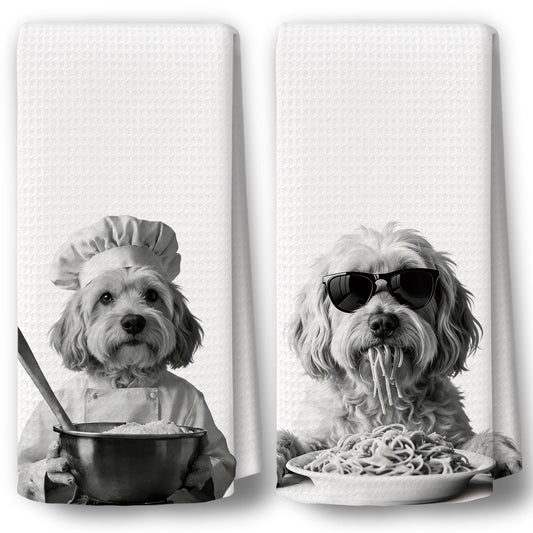BCUANGD Dog Kitchen Towels Decor Set of 2 - Funny Lowchen Hand Tea Towels, Retro Black Puppy Dog Owner Gifts for Women Men Dish Towel Dishcloths Decorations for Home Kitchen, 16"x24"