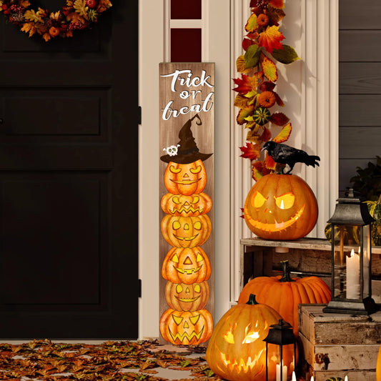 Happy Halloween Porch Sign Ghost Face Pumpkin Door Hanging Decor Wooden Vertical Indoor Outdoor Standing Trick or Treat Welcome Signs For Garden Home Yard Farmhouse Porch 47.2 x 7.8 Inch