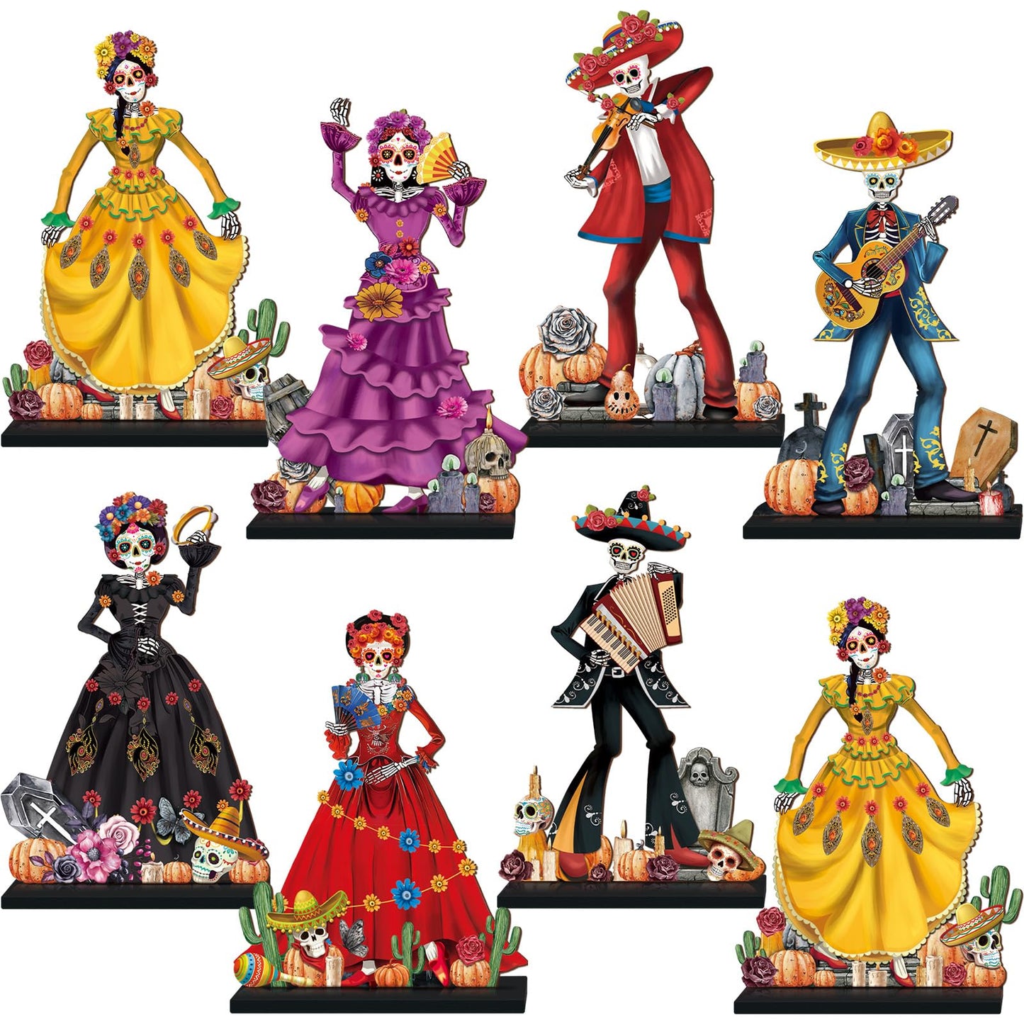 Amyhill 8 Pcs Day of The Dead Table Decorations Dia De Los Muertos Altar Wooden Centerpiece Dancing Couple Sugar Skull Decor Day of The Dead Decor Mexican Tabletop Detachable Sign for Halloween Party