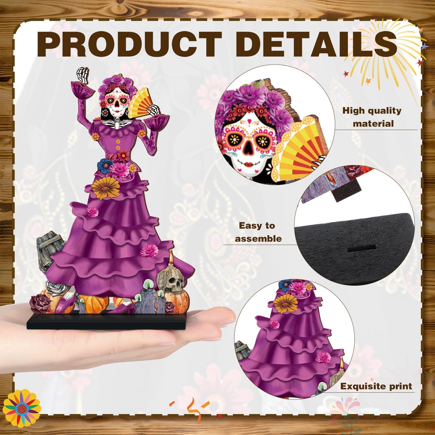 Amyhill 8 Pcs Day of The Dead Table Decorations Dia De Los Muertos Altar Wooden Centerpiece Dancing Couple Sugar Skull Decor Day of The Dead Decor Mexican Tabletop Detachable Sign for Halloween Party