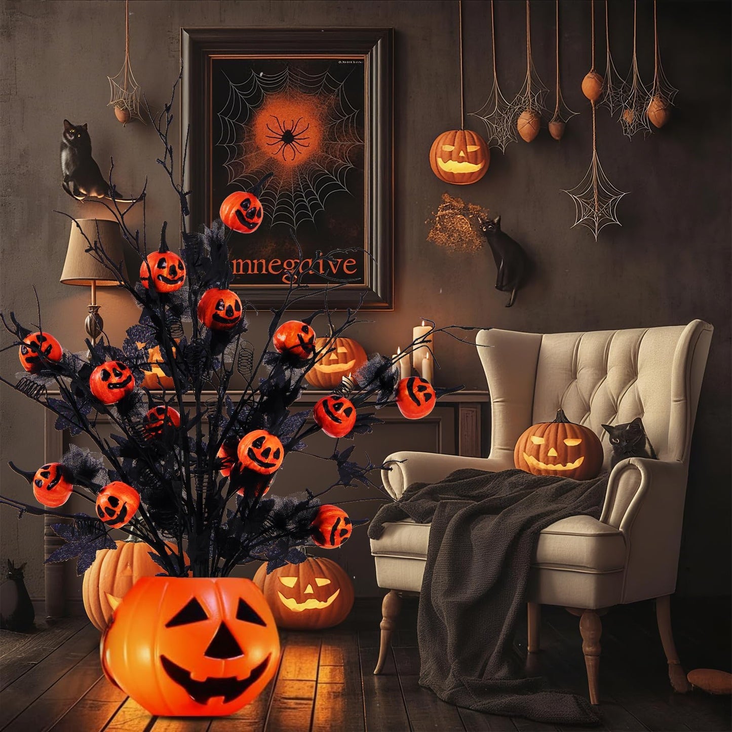 Sherika 5PCS Halloween Decorations Indoor, 19.5Inch Artificial Pumpkin Maple Leaf Floral Stems Halloween Branches Decoration, for Home Vase Arrangement Decor - Black.