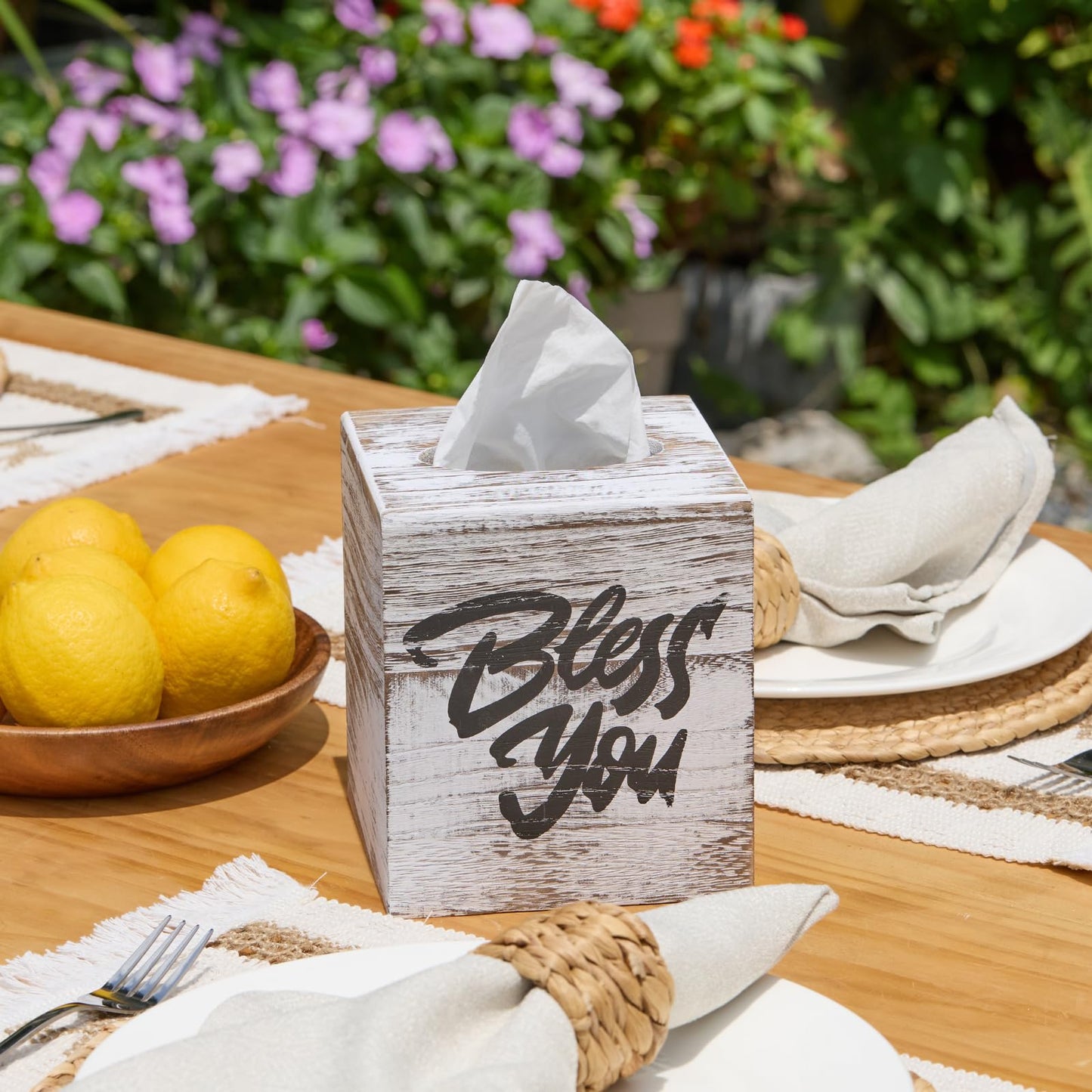 Wood Tissue Box Cover, Square Bless You Tissue Holder, Decorative Tissue Dispenser for Bathroom, Living Room, Dining Table, 5.3" L x 5.3" W x 6.1" H