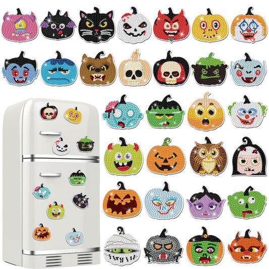 Motipuns 30 Pcs Halloween Diamond Art Painting Magnets Kits Pumpkin Diamond Art Fridge Magnet DIY Adults Craft Horror Movie Refrigerator Sticker Painting for Beginners Gifts Home Decors