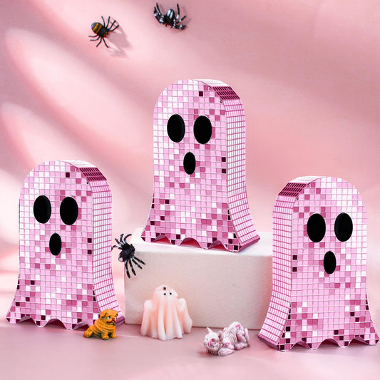 GlikCeil 3 Pcs Halloween Disco Ghost Decor 6 Inch Ghost Disco Ball Table Decoration Indoor Glitter Sign Halloween Tiered Tray Decor Mosaic Horror Table Centerpiece for Kitchen Party Gift (Pink)