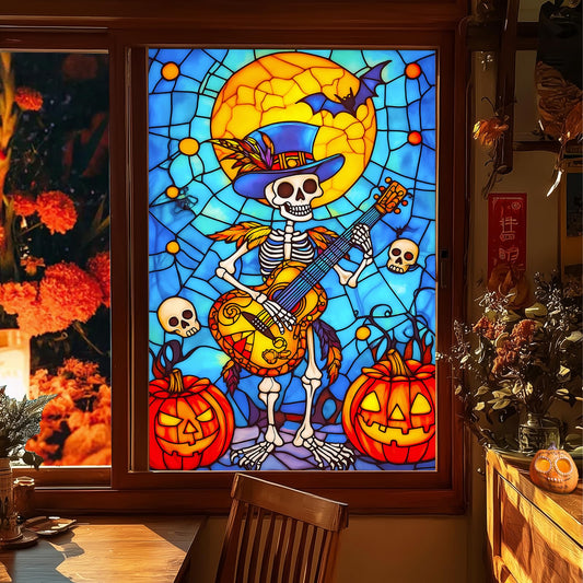 HOMETITUTE Halloween Skeleton Musician Window Film 31x47 Inch Decorative Window Film Pumpkin Guitar Skull Scene Stained Glass Cling for Mirror Door Privacy Decor for Home Party School Office