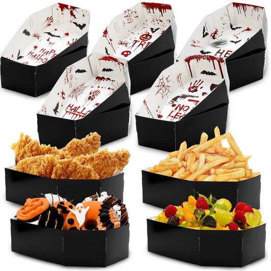 JarThenaAMCS 100Pcs Halloween Coffin Snack Trays Bloody Paper Food Trays Scary Handprint Bat Skull Coffin Boxes for Halloween Trick or Treat Party Food Storage Serving Supplies