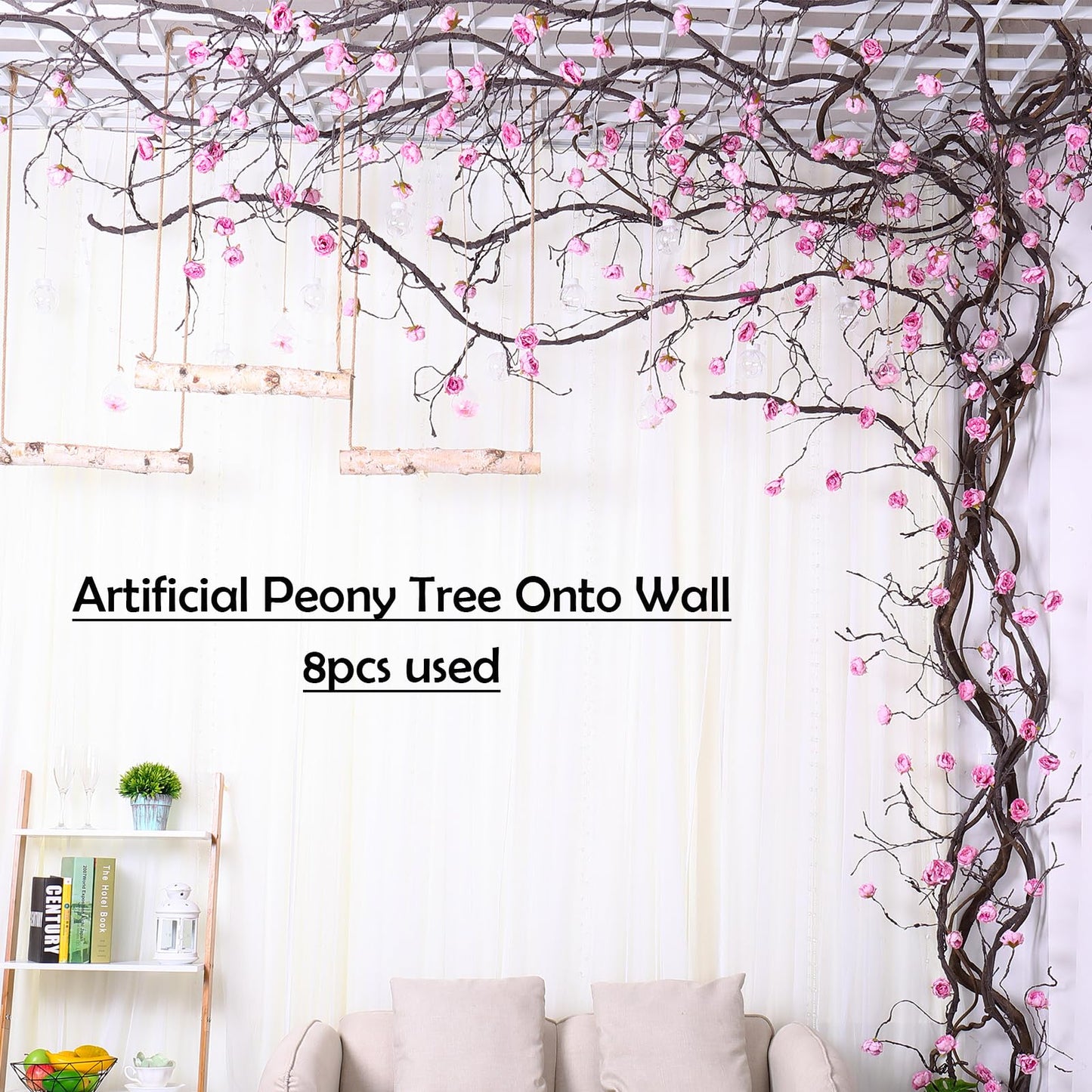 1PCS 300cm/118inch Large Flexible Artificial Tree Fall Vines Twine Wood Branches with Peony Flowers Garland Twig Reptile Climbing Fake Plants for Wedding Arch Christmas Wall Door Hanging Decoration