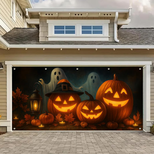 BlissYard Halloween Garage Door Cover 13x6ft Cute Pumpkin Lantern Banner Ghost and Fall Leaves Backdrop Outdoor Halloween Decoration for Garage Door Trick or Treat Family Yard Decor