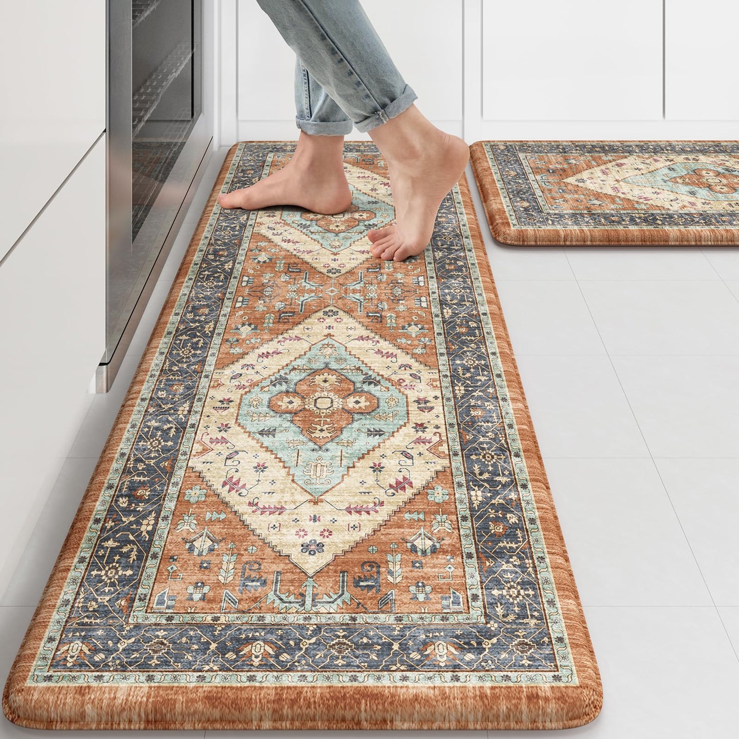 KIMODE Anti Fatigue Kitchen Mat for Floor, Boho Orange Kitchen Rugs Sets of 2, Cushioned Kitchen Floor Mats, Fall Kitchen Rugs Non Slip for Halloween Sink Laundry Desk Home 17"x47"+17"x29"