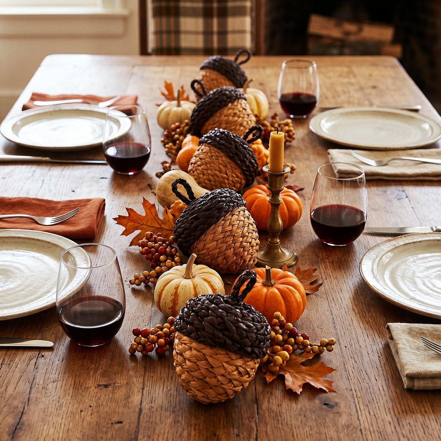 Fuutreo 6 Pcs Fall Rattan Acorn Decor 4 Inch Woven Wicker Corn Husk Artificial Acorn Thanksgiving Table Centerpiece Fall Party Decoration for Rustic Farmhouse Bowl Filler Halloween Autumn Harvest Home