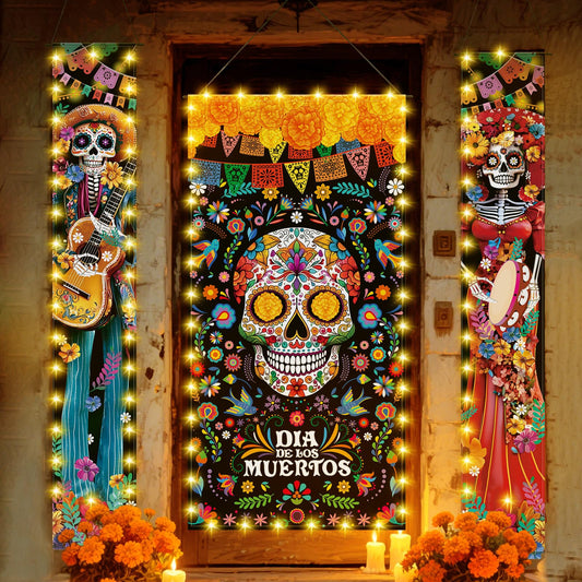 VitalCozy 3 Pcs Day of the Dead Decorations Dia De Los Muertos Door Cover with LED Lights Mexican Dia De Los Muertos Altar Party Porch Sign Halloween Sugar Skull Door Banner Backdrop for Fiesta Party