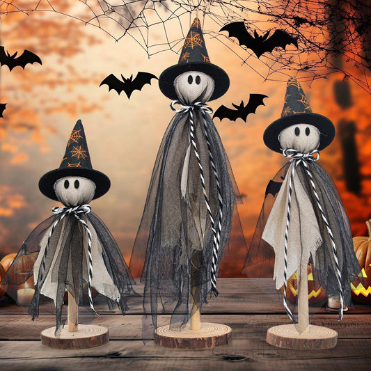 Halloween Decorations Ghost Shelf Sitters – Set of 3 Wooden Halloween decor with Witch Hats – Fabric Ghost Figures with Spiderweb Design – Table Decor for Tiered Tray, Mantel, Party Supplies(Black)