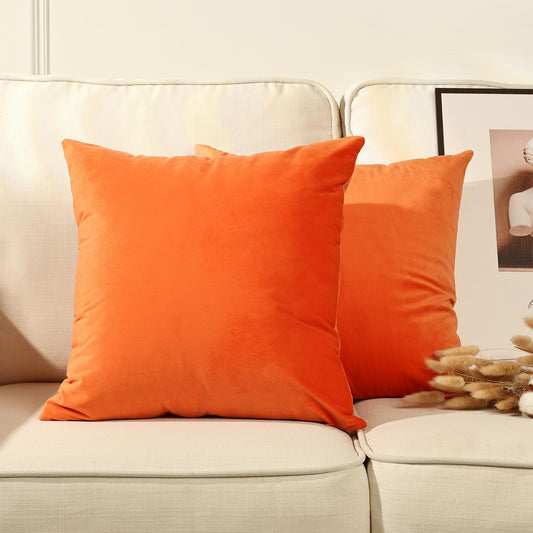 Stellhome Soft Fall Velvet Throw Pillow Covers Square Halloween Decorative Cushion Covers for Bed Couch Sofa Bench, 18 x 18 inch (45 x 45 cm), Orange, Pack of 2