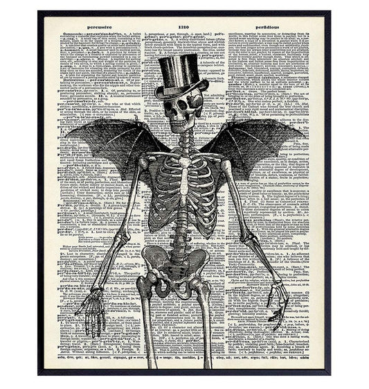 Skeleton Decor - Bat Wall Decor - Steampunk Decoration - Gothic Home Print Wall Art - Goth Room Picture - Gothic Gifts - Medieval Art - Creepy Scary Poster 8x10 - Halloween Decorations - Skull Picture
