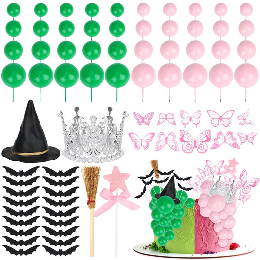 74 Pcs Witch Theme Cake Decorations Party Supplies - Green&Pink Balloons, Mini Witch Hat, Crown, Broom, Magic Wand, Bat and Butterfly Cake Topper - for Princess Witch Halloween Birthday Decoration