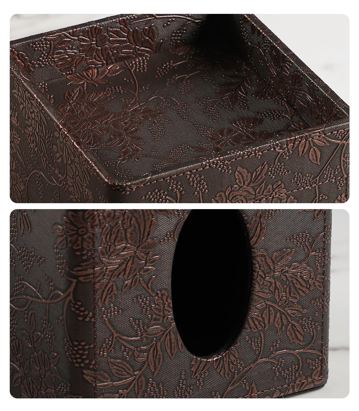 Square Tissue Box Cover, Stylish Leather Tissue Box Holder with Storage Tray, Decorative Tissue Rack Storage Box for Living Room, Bedroom, and Office Desk(Brown Grape Pattern)