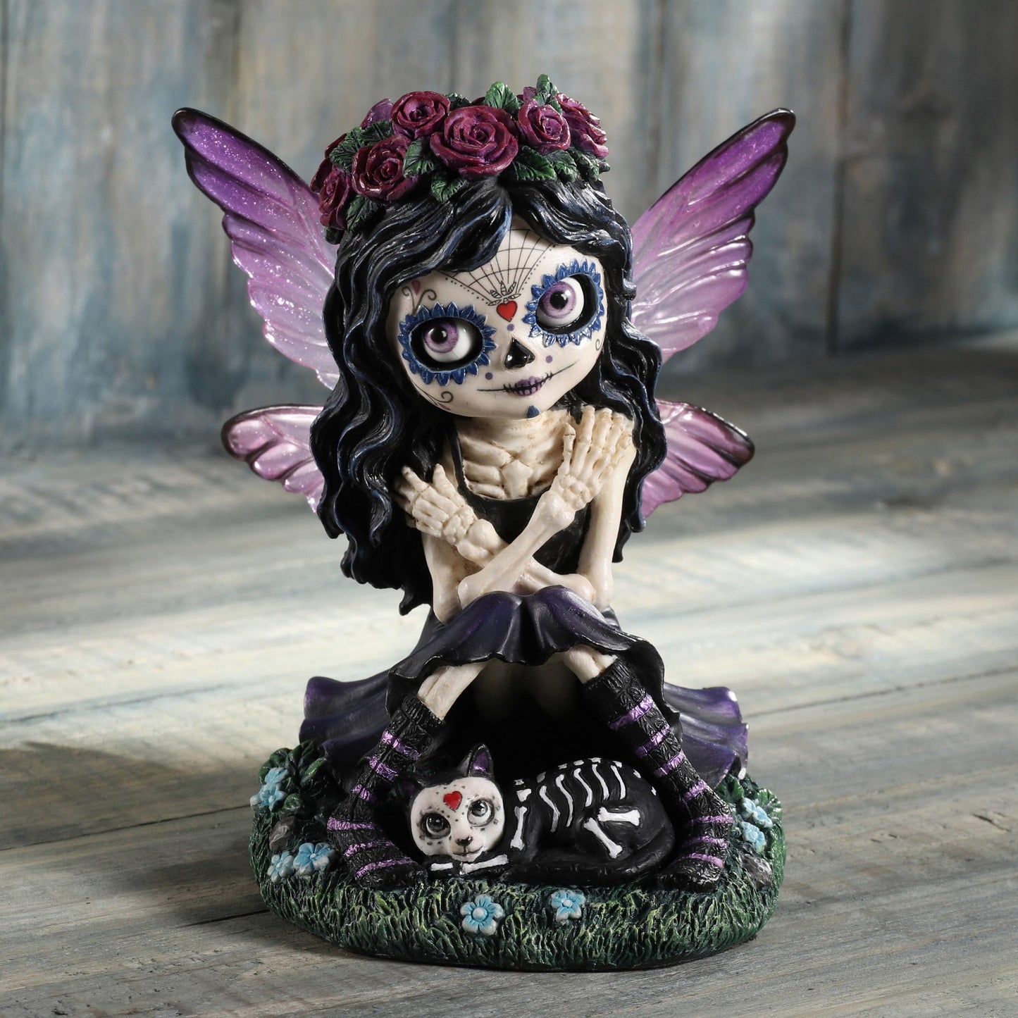 Veronese Design 4 3/4 Inch Day of The Dead Sugar Skull Butterfly Fairy Petting Cat Resin Hand Painted Figurine