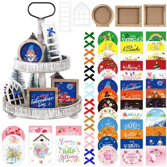 48 Pcs Interchangeable Seasonal Tiered Tray Decor Set Fall Halloween Thanksgiving Tiered Decoration Include Wood Frames with Ladder Card Bow Knot Tray Not Included(Vintage Color,Festive)