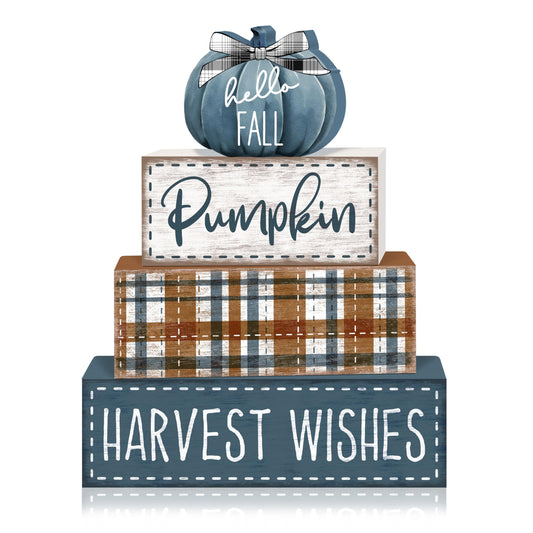 Britimes 4 Pcs Blue Pumpkins Fall Decor Wooden Tiered Tray Sign, Farmhouse Rustic Autumn Pumpkin Decorations Stack Block Set Harvest Wishes Table Centerpieces for Home Kitchen Shelf