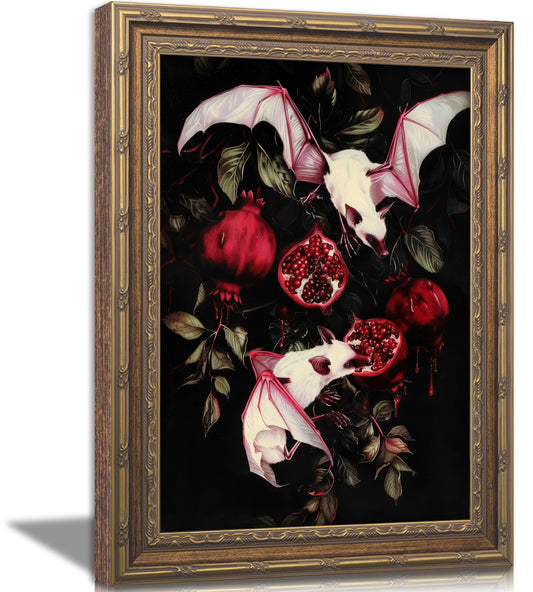 Vintage Gold Framed Gothic Wall Art, Albino Fruit Bats Oil Painting Canvas Prints, Spooky Bat and Pomegranate Halloween Wall Decor, Dark Academia Moody Animal Picture Poster for Bedroom Living Room