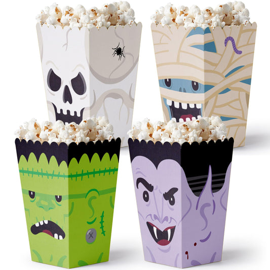 Big Dot of Happiness Halloween Monsters - Skeleton, Dracula, Frankenstein, and Mummy Treat Bags - Halloween Party Popcorn Boxes - Set of 12