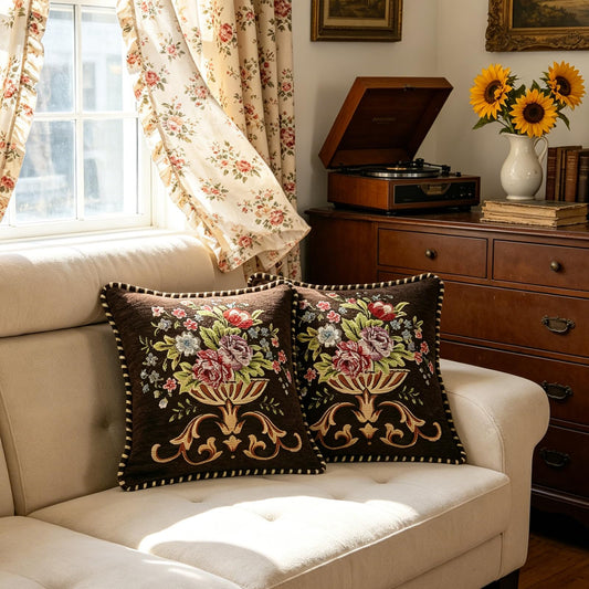 Qupace Set of 2 Brown Vintage Embroidered Throw Pillow Covers 18x18in,Floral Cushion Cover for Sofa Couch Bedroom,Coffee Pillow Covers
