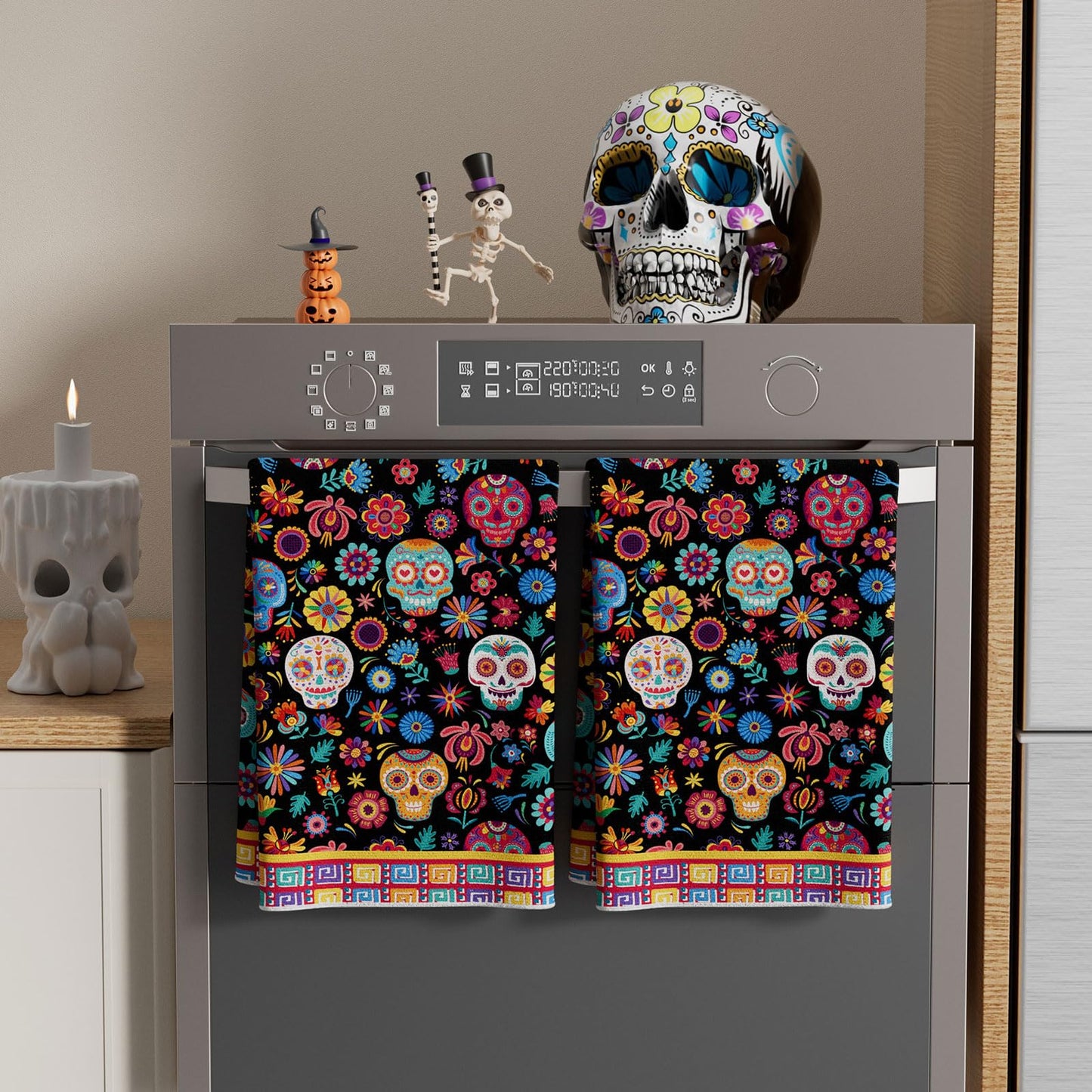 XCHI Colorful Sugar Skull Marigolds Flowers Dia De Los Muertos Kitchen Towels Day of The Dead Dish Towels 18x26 Inch Home Kitchen Decorations Hand Towels Set of 2 Drying Dishcloth