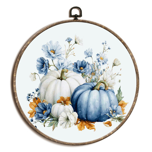 laveliabel Vintage Fall Blue Floral Pumpkin Round Canvas Art Wall Decor, Retro Autumn Pumpkin Framed Canvas Prints, Rustic Fall Round Hanging Wall Decor for Home Living Room Bedroom, 10x10 Inches